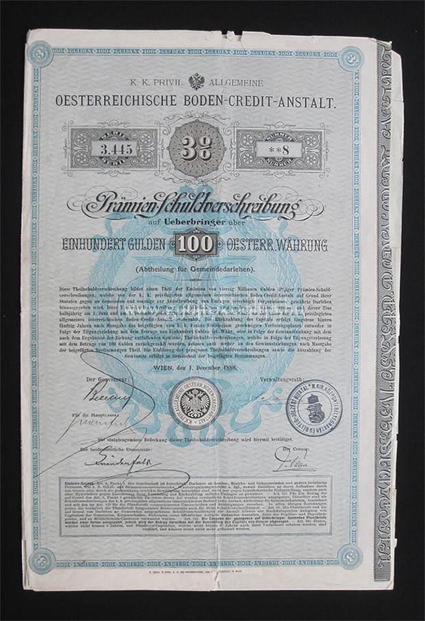 Osztrk Fldhitel Intzet ktvny 100 gulden 1880 - Bcs